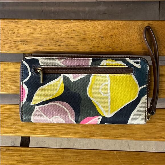 Fossil Brown and Yellow Clutch Wristlet with Artistic Floral Design - Picture 2 of 5